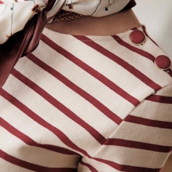 Sézane Colette Marinière Stripe Cotton Shirt in Burgundy Ecru - Picture 2 of 6